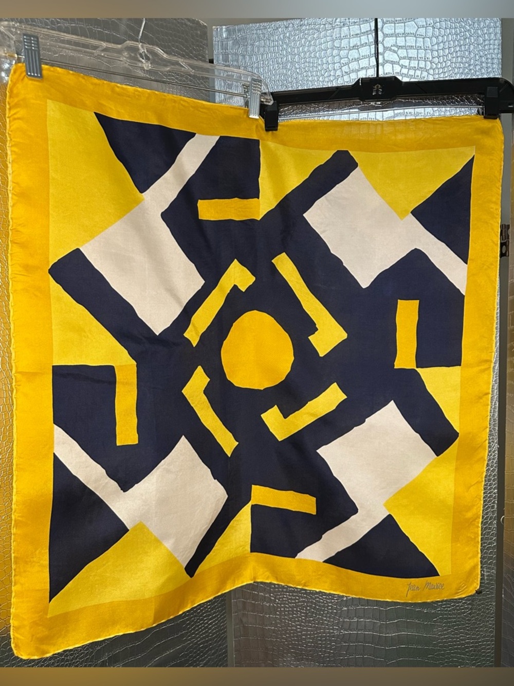Jean Maurice Vintage Bold Geometric Silk Scarf in Yellow, Navy & Cream